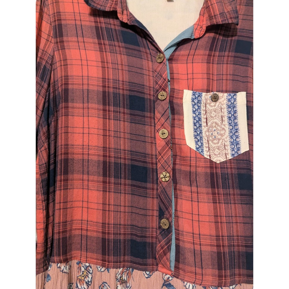 Womens John Mark Mixed Media Plaid Floral Embroidered Button Down Top Red Med - Picture 7 of 15